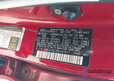 2011 Hyundai Tucson Gls from USA, damaged, VIN KM8JU3AC3BU147617